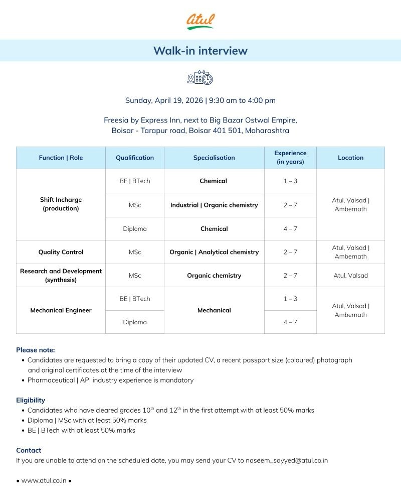 Exciting walk-in interview for pharma jobs at Atul Limited on April 19, 2026. Discover production jobs, QC jobs, R&D, and mechanical engineer opportunities in API and pharmaceutical industry.