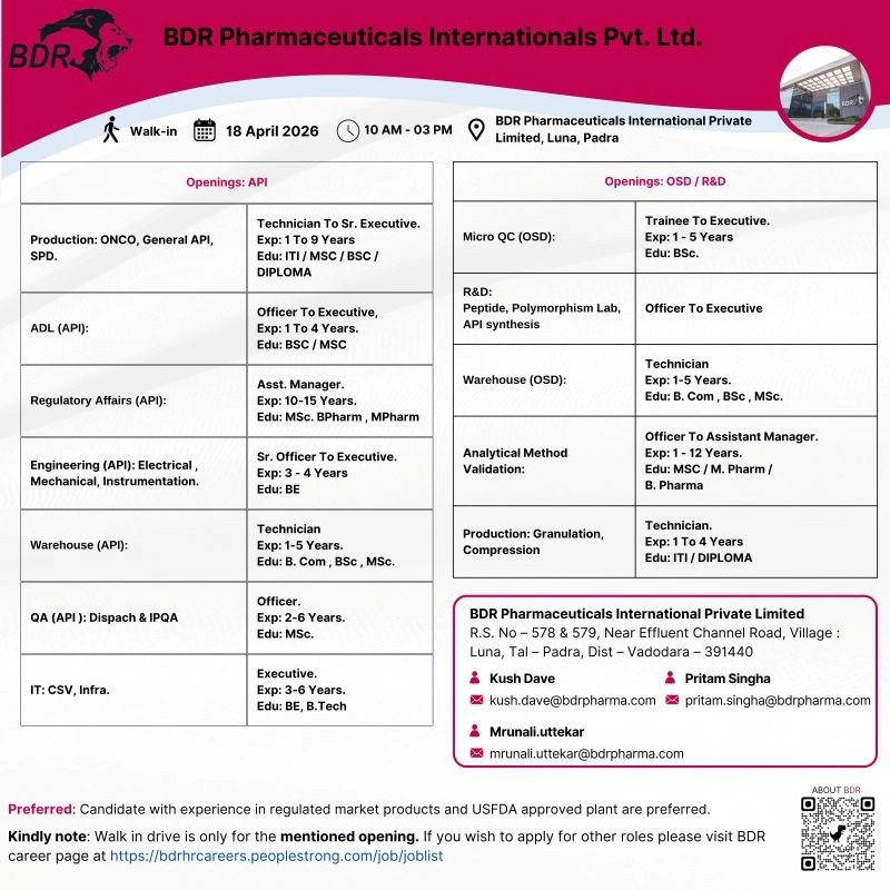 BDR Pharmaceuticals is conducting a walk-in interview on 18 April 2026 for multiple pharma jobs in API and OSD divisions.
