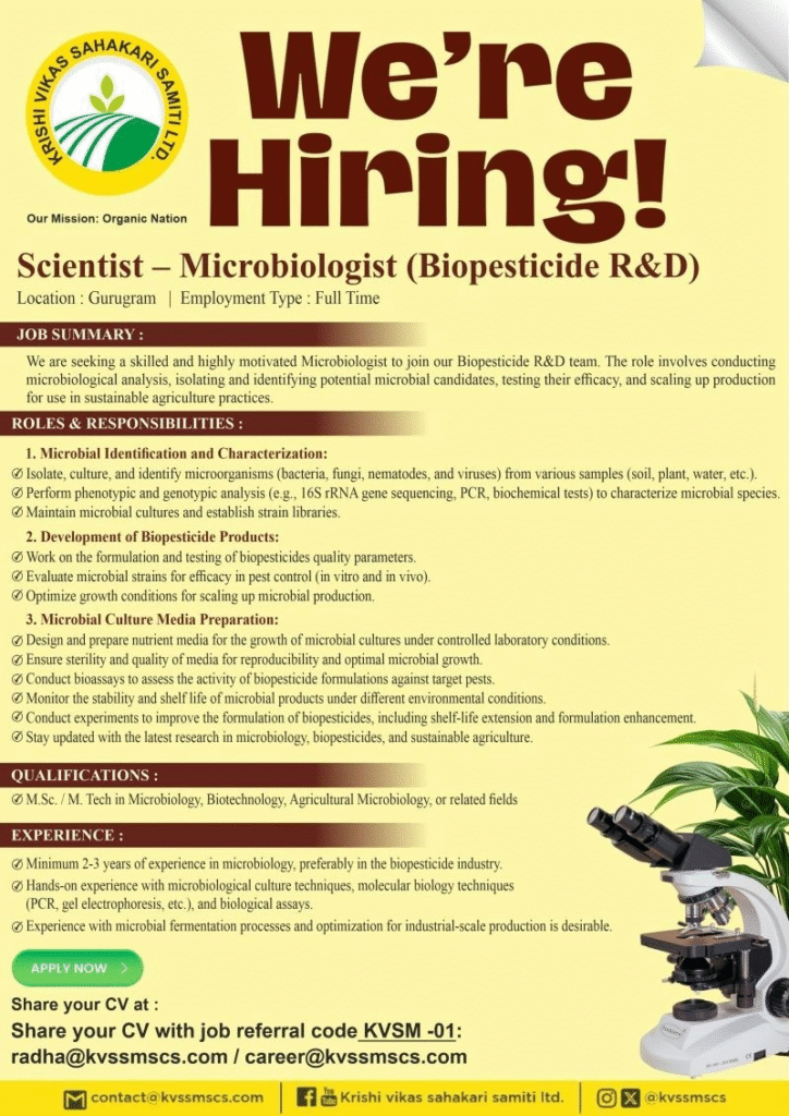 Exciting pharma jobs and pharmaceutical careers in India await in the growing biopesticide sector. Join Krishi Vikas Sahakari Samiti Ltd. as a Scientist - Microbiologist for Biopesticide R&D in Gurugram