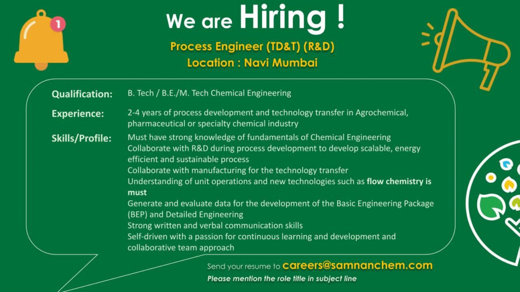 Samnan Chem Hiring Process Engineer (TD&T) in Navi Mumbai 2026 | R&D Chemical Engineering Jobs