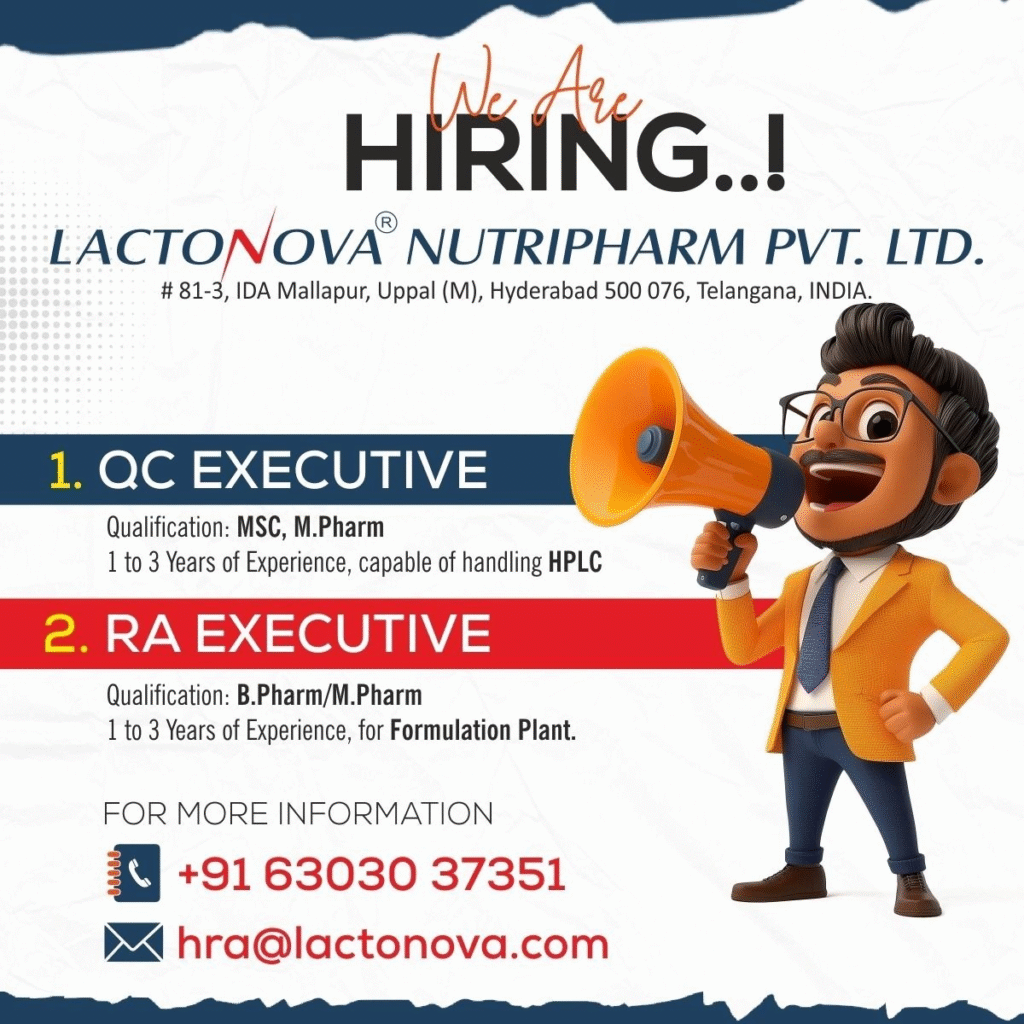 Exciting pharma jobs and QC jobs are now open at Lactonova Nutripharm Pvt Ltd in Hyderabad