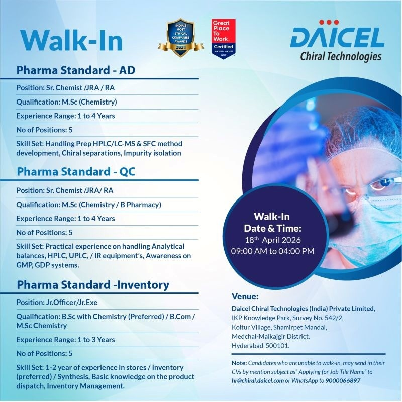 Exciting walk-in interview for M.Sc Chemistry freshers & experienced candidates in Pharma QC, AD, and Inventory roles at Daicel Chiral Technologies, Hyderabad on 18th April 2026.