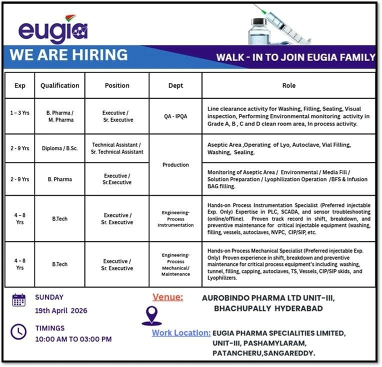 Join Eugia Pharma Specialities Limited for exciting pharma jobs in sterile injectables manufacturing. This walk-in interview on 19th April 2026