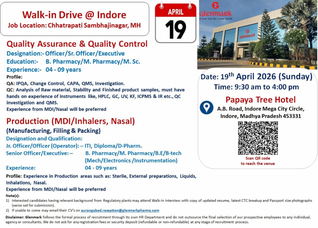 Glenmark Pharmaceuticals - Hiring for QA, QC & Production Jobs