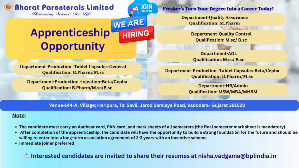 Bharat Parenterals Limited Apprenticeship - Hiring for QA, QC, Production & HR Jobs
