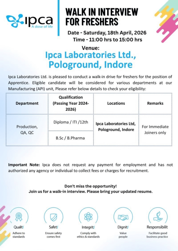 Exciting pharma jobs alert! Ipca Laboratories is conducting a walk-in interview for freshers on 18th April 2026 for Apprentice positions in Production, QA, and QC at its Pologround, Indore API manufacturing unit