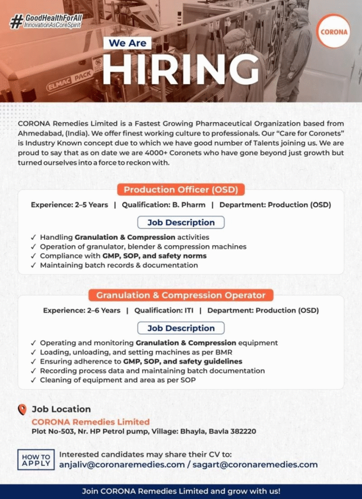 Production Jobs at CORONA Remedies Limited