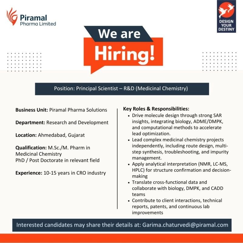 Exciting pharma jobs opportunity! Join Piramal Pharma Limited as Principal Scientist in Medicinal Chemistry R&D.