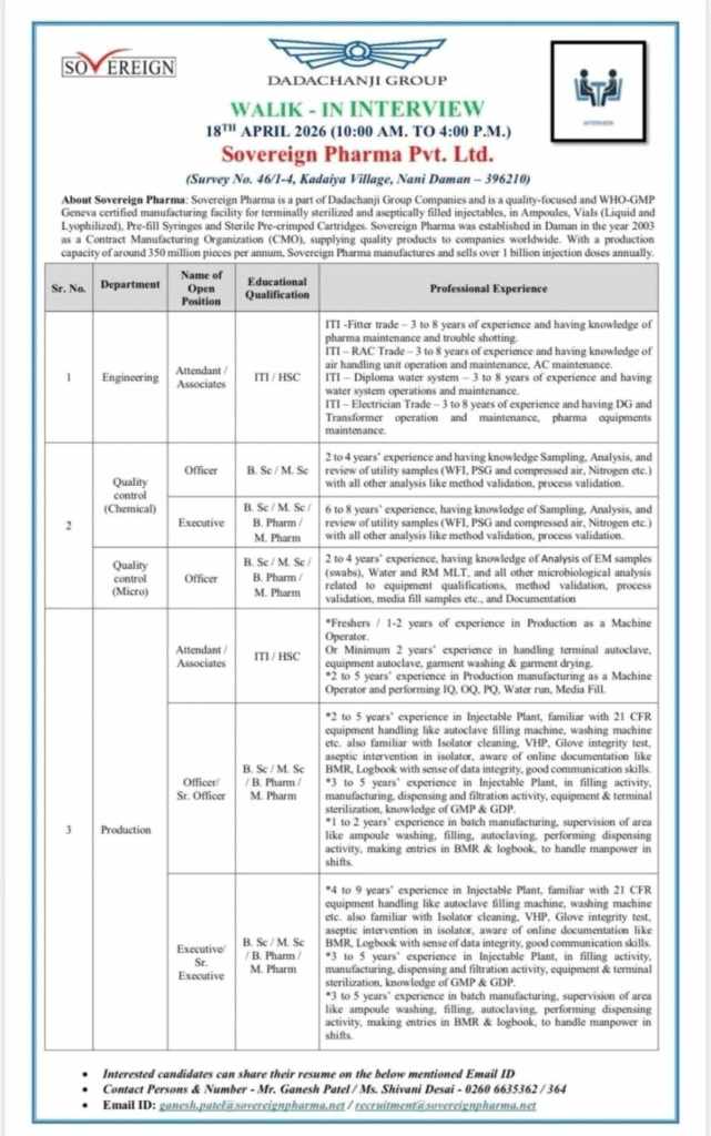 Exciting pharma jobs alert! Sovereign Pharma Pvt. Ltd. (Dadachanji Group) is conducting a walk-in interview on 18th April 2026