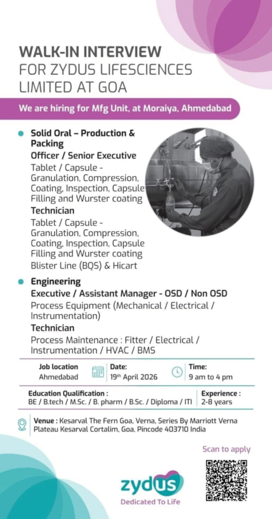 Zydus Lifesciences Walk-in Interview Goa for Production, Packing & Engineering Jobs
