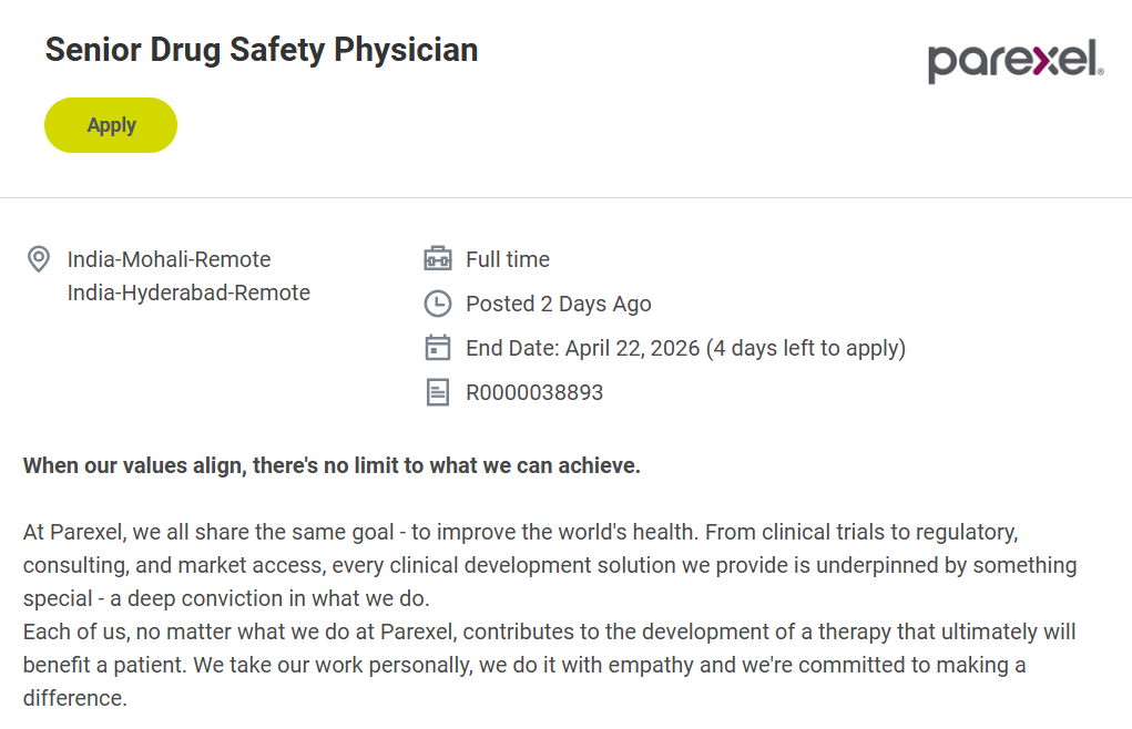 Parexel hiring for Sr Drug Safety Physician