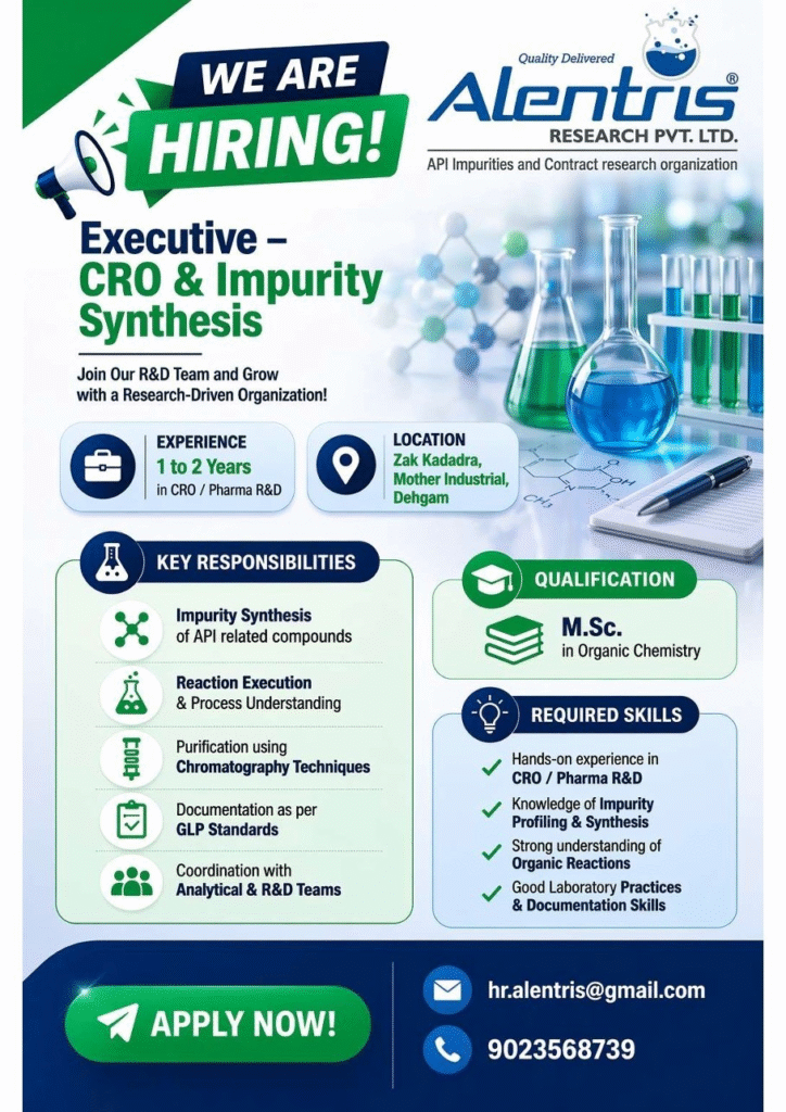 Join a leading CRO in Gujarat for pharma jobs focused on API impurity synthesis. This 1-2 years experience role in organic chemistry offers excellent pharmaceutical careers in India.