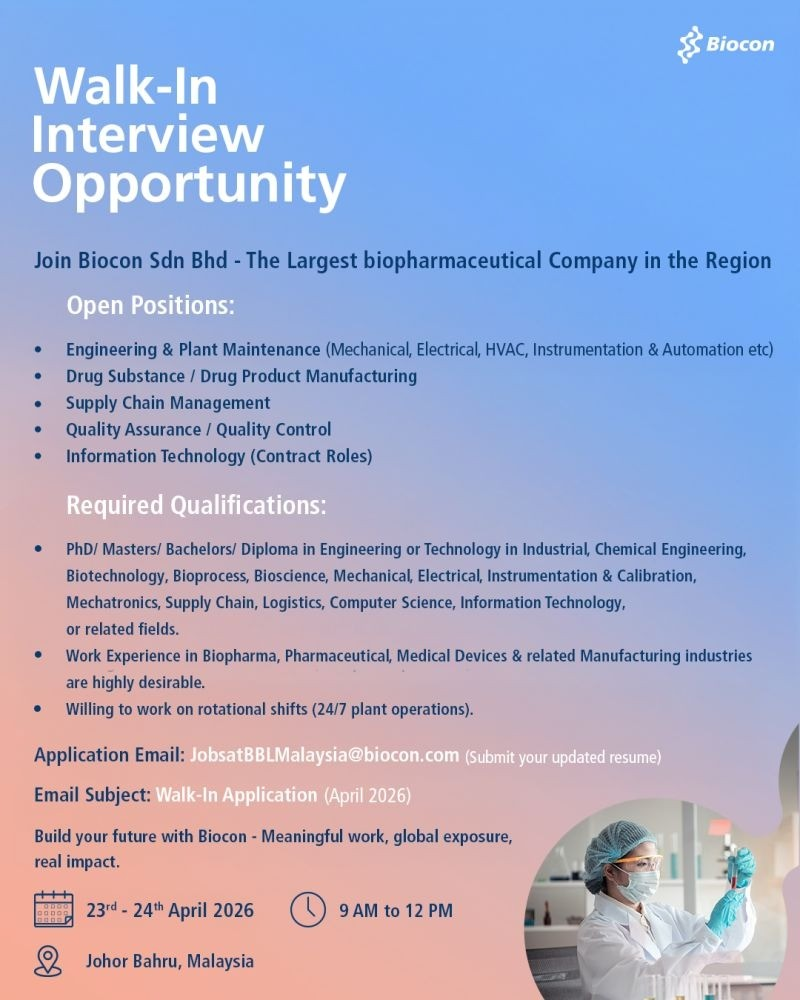pharma jobs and walk-in interview opportunity at Biocon Sdn Bhd, Asia’s largest integrated insulin manufacturing facility.