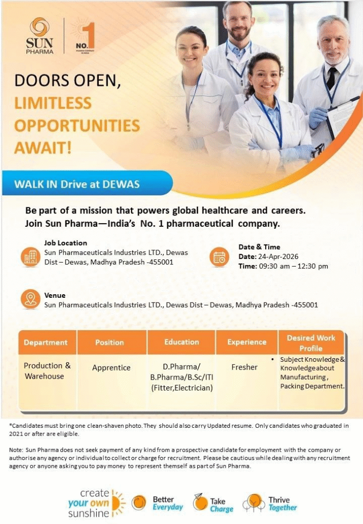 Sun Pharma is hiring freshers for Apprentice positions in Production and Warehouse at its Dewas plant in Madhya Pradesh.