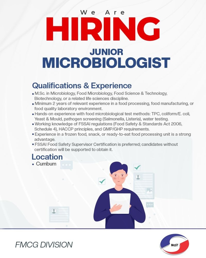 NeST Group Hiring Junior Microbiologist – FMCG Division, Cumbum 2026