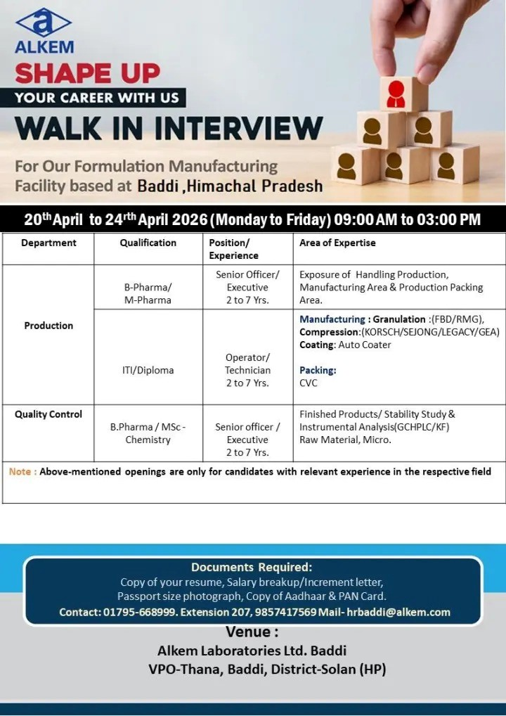 Alkem Laboratories for exciting pharma jobs at their Formulation Manufacturing Facility in Baddi. Walk-in interviews are scheduled from 20th to 24th April 2026 for experienced professionals in Production and Quality Control.