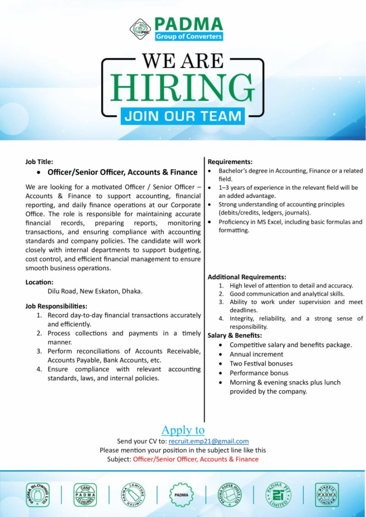 Padma Group of Converters Hiring Officer/Senior Officer Accounts & Finance – Dhaka 2026