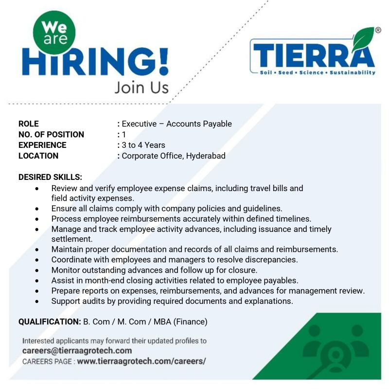 Tierra Agrotech Hiring Executive - Accounts Payable