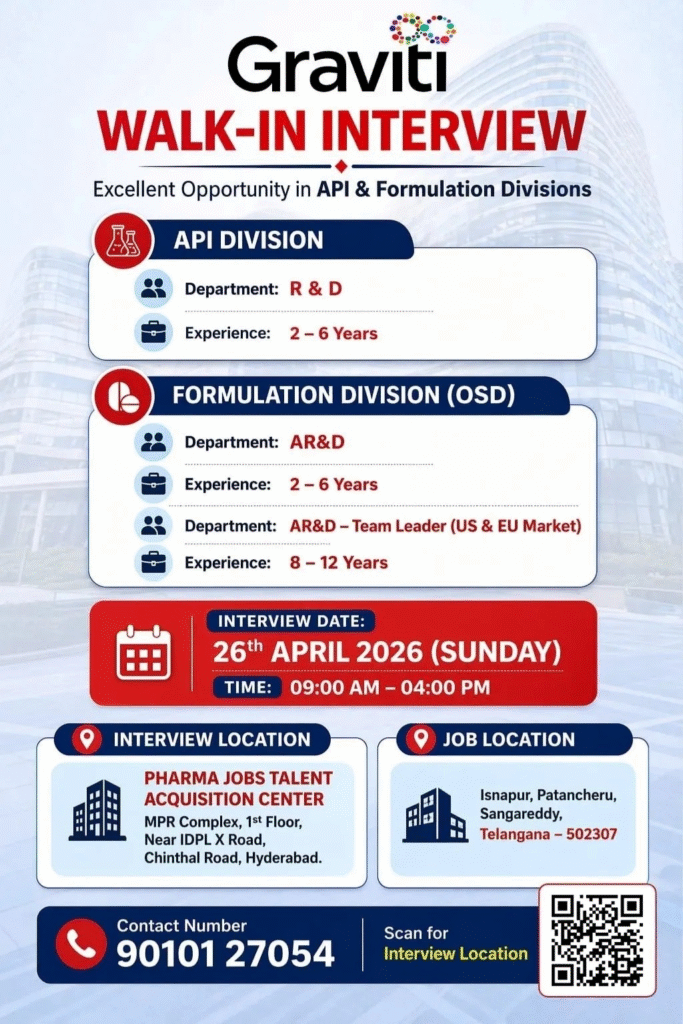 Graviti Pharmaceuticals is conducting a walk-in interview on 26th April 2026 for R&D and AR&D roles in API and Formulation (OSD) divisions.