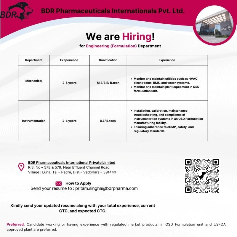 BDR Pharmaceuticals Engineering hiring for Mechanical and Instrumentation roles in Vadodara OSD unit pharma jobs India