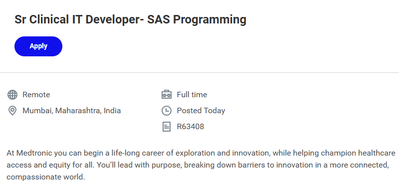exciting pharma jobs in India with Medtronic's remote SAS programming role in clinical research.