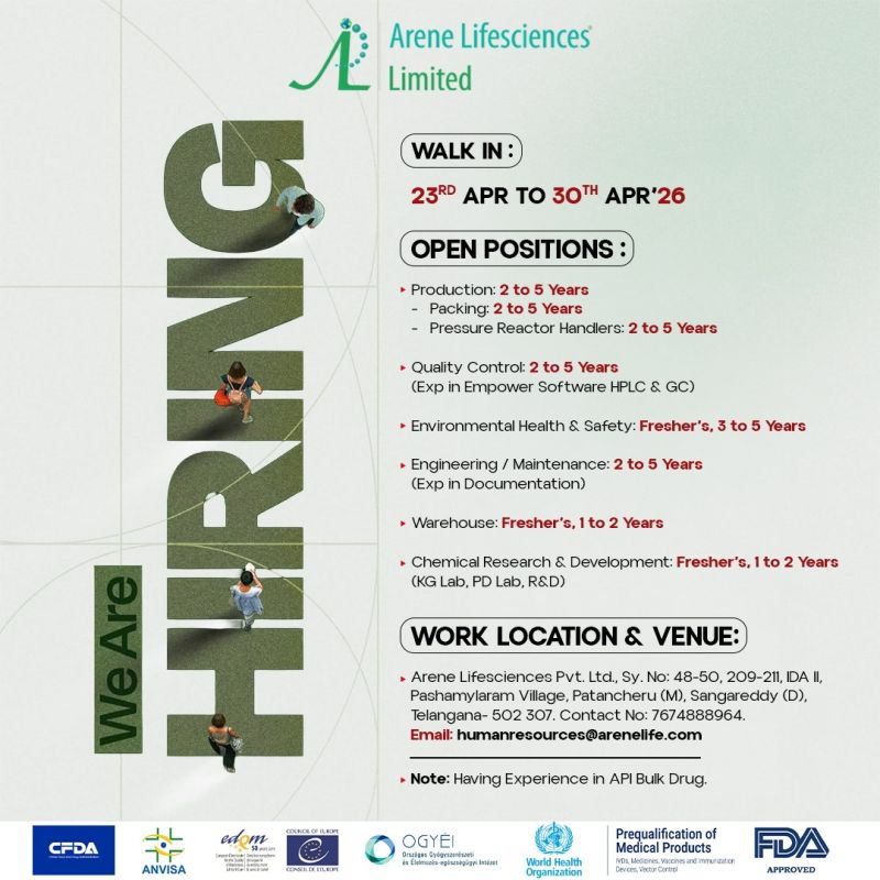 Arene Lifesciences Limited - Hiring Freshers for Production, QC, EHS Roles