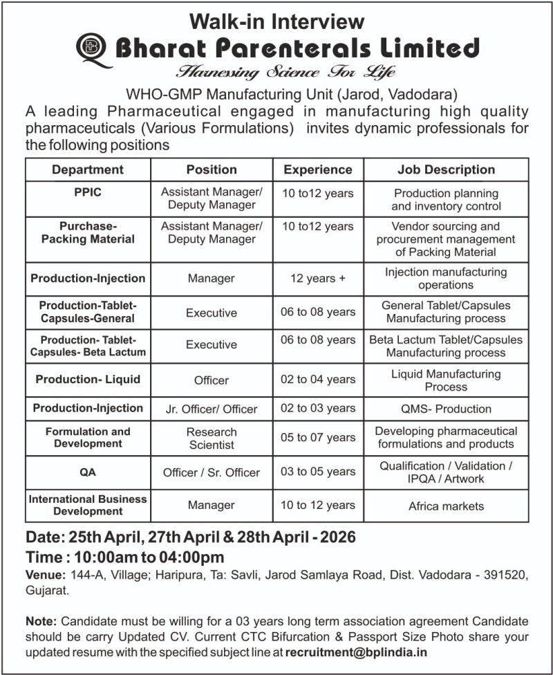 Bharat Parenterals Limited - Walk-In Interview for QA, QC, Production & Pharma Jobs