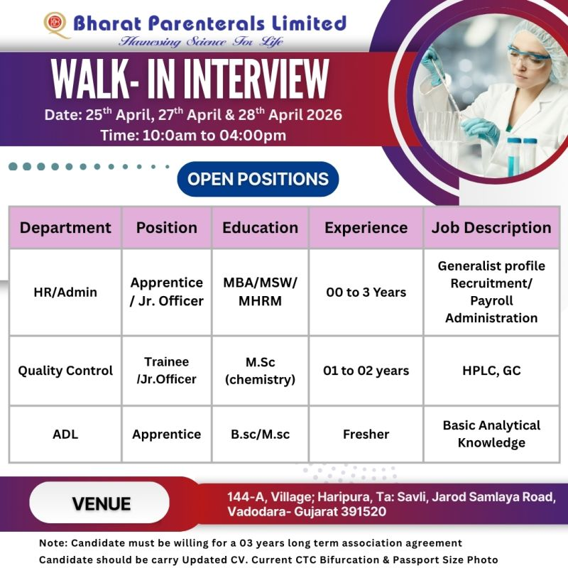 Bharat Parenterals Limited - Walk-In Interview for QA, QC, Production
