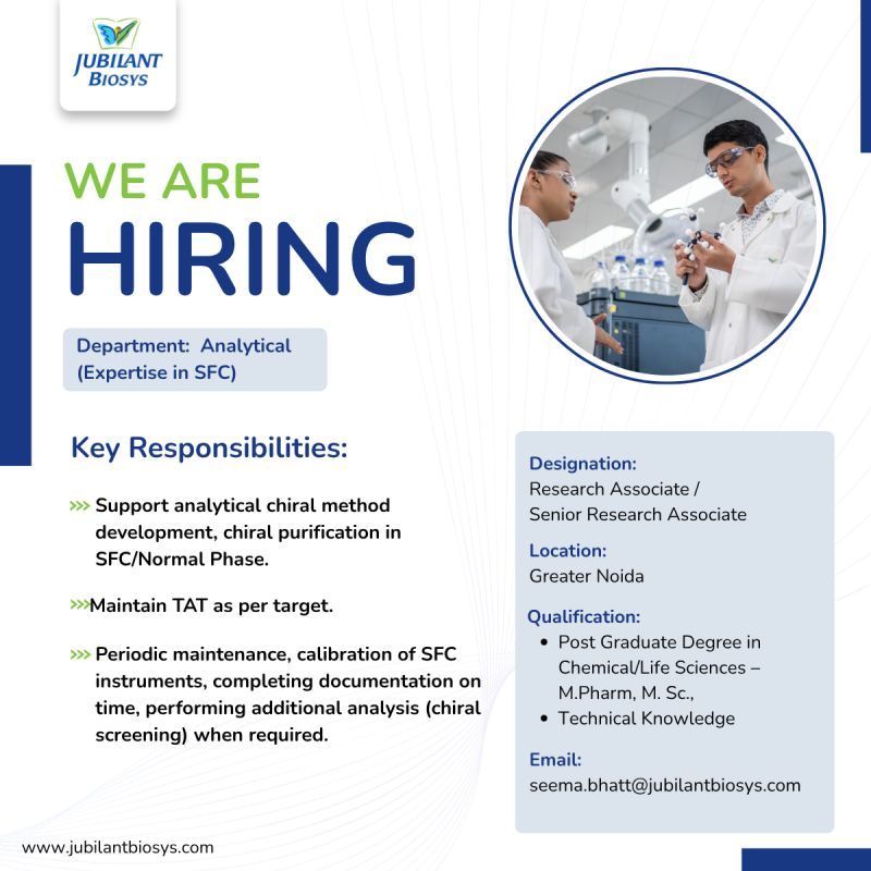 Jubilant Biosys Hiring Research Associate / Senior Research Associate