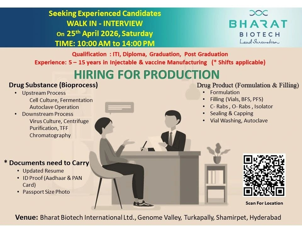  Bharat Biotech is hiring experienced candidates through a walk-in interview for production jobs in vaccine and injectable manufacturing.