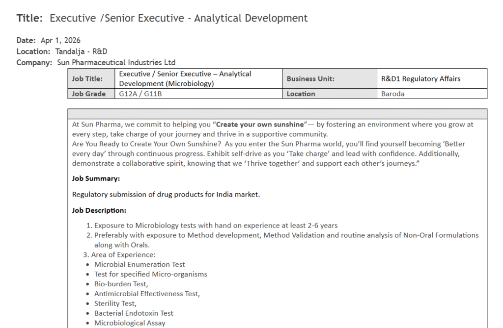 Sun Pharma Executive / Senior Executive – Analytical Development (Microbiology) Job 2026 – Baroda