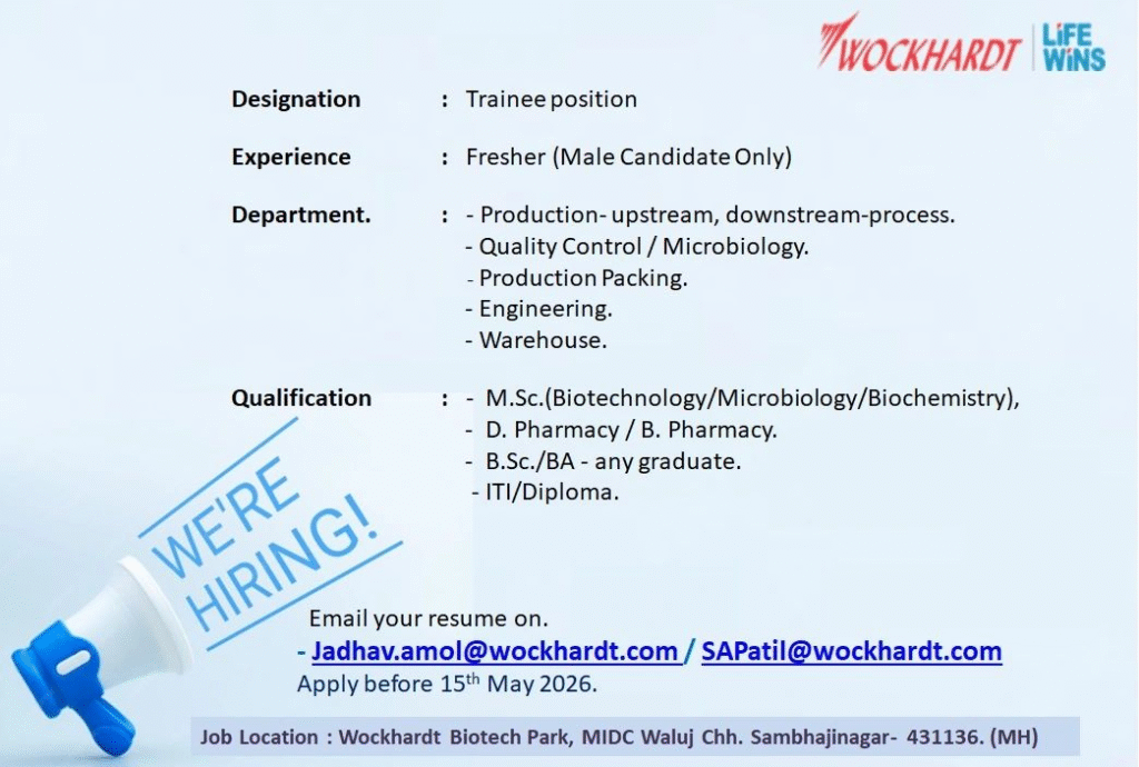 Wockhardt Trainee Jobs 2026 – Fresher Openings in Production, QC, Microbiology & More
