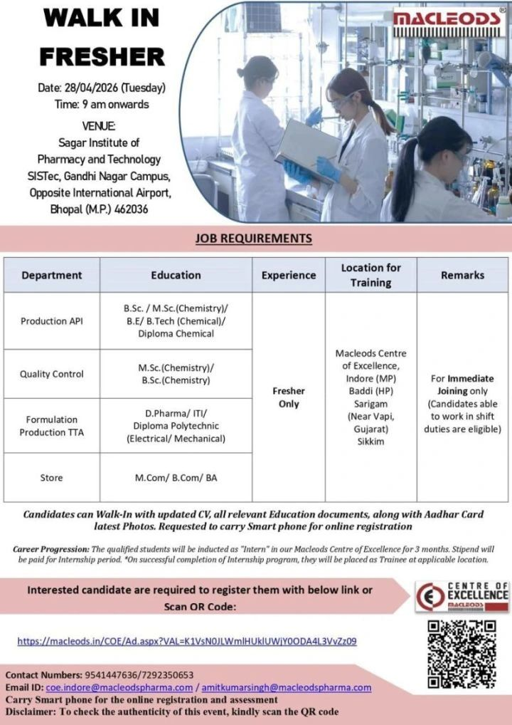 Macleods Pharmaceuticals is conducting a Walk In Interview for Freshers on 28 April 2026