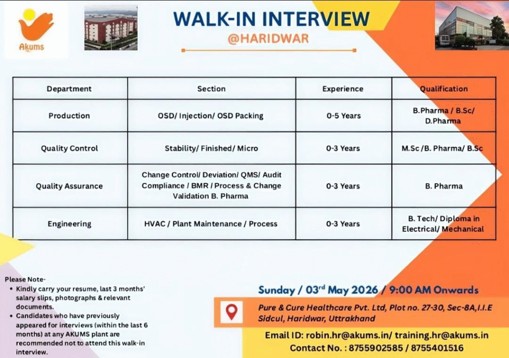 Akums - Hiring Freshers in Production, QA, QC & Engineering on 3 May 2026