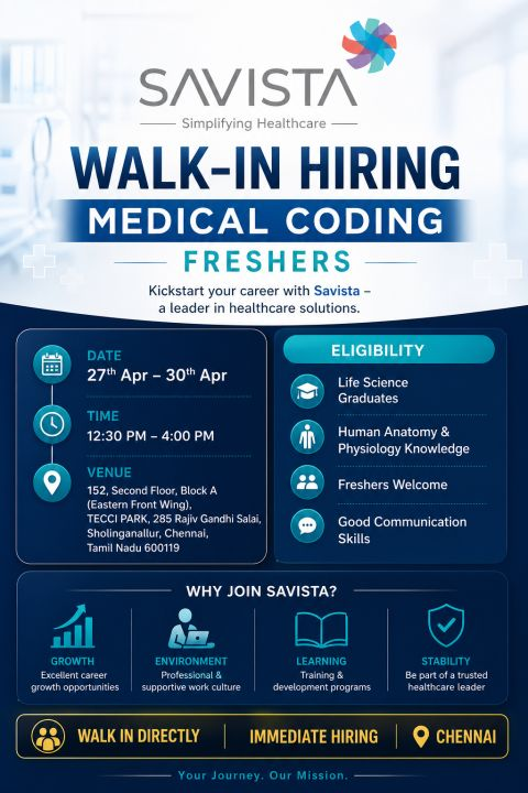 Walk-In Interview for Medical Coding Freshers at Savista Healthcare Chennai | 27th to 30th April 2026