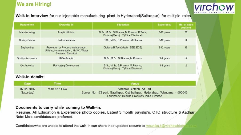 Walk-In Interview at Virchow Biotech Hyderabad on 2nd May 2026 | Injectable Manufacturing Plant Openings | Pharma Jobs in Hyderabad