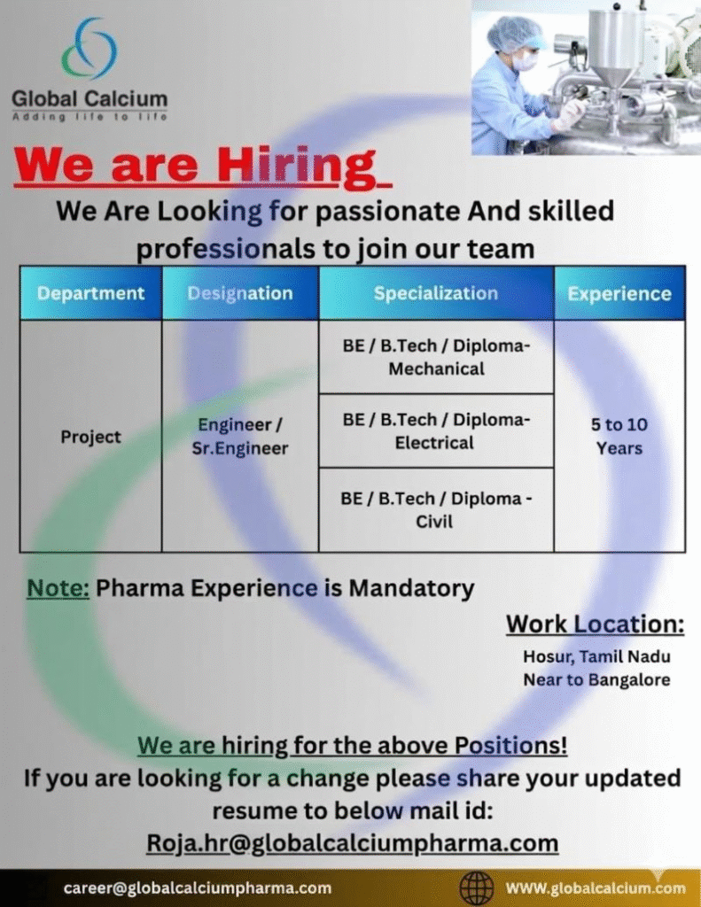 Global Calcium Pharma Hiring Project Engineers – Mechanical, Electrical & Civil | Hosur, Tamil Nadu