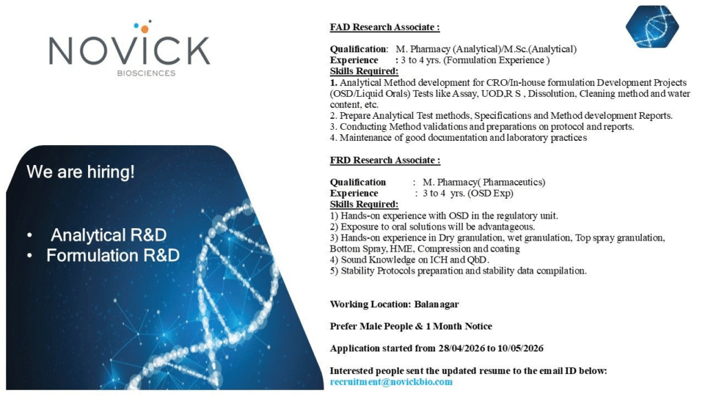 Novick Biosciences Hiring Research Associate – Analytical R&D and Formulation R&D 