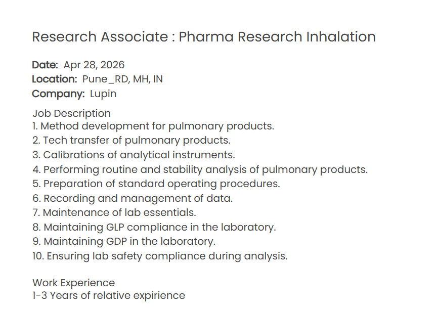 Lupin Hiring Trainee Executive & Research Associate – Pharma Research Inhalation