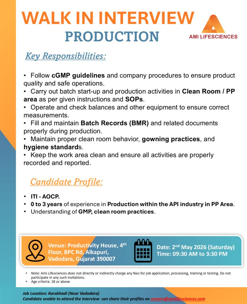 Ami Lifesciences Walk-In Interview for Production – API Plant on 2nd May 2026