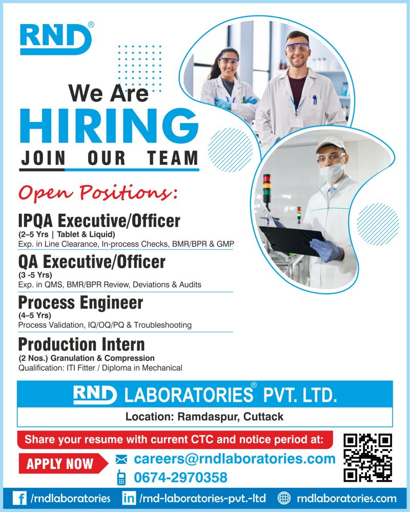 RND Laboratories Hiring IPQA, QA, Process Engineer & Production Intern
