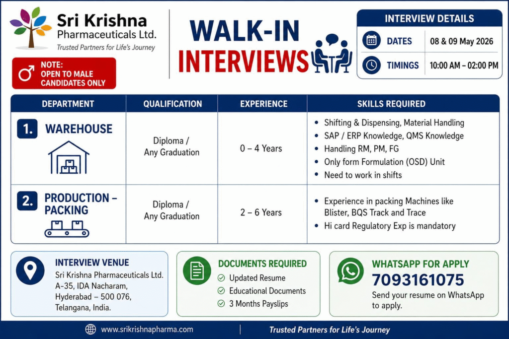 Sri Krishna Pharmaceuticals Walk-In Interview for Warehouse & Production Packing on 8th & 9th May 2026