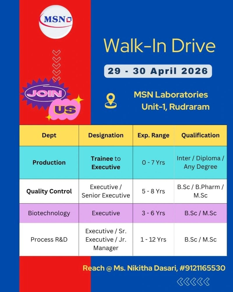 MSN Laboratories is conducting a walk-in drive on 29-30 April 2026 for multiple pharma jobs in Production, Quality Control, Biotechnology, and Process R&D