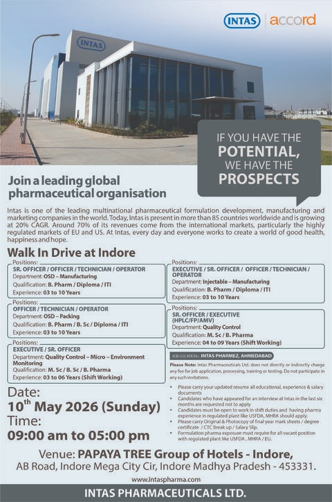 Intas Pharmaceuticals Ltd. is a leading multinational pharmaceutical company engaged in formulation development, manufacturing, and marketing.