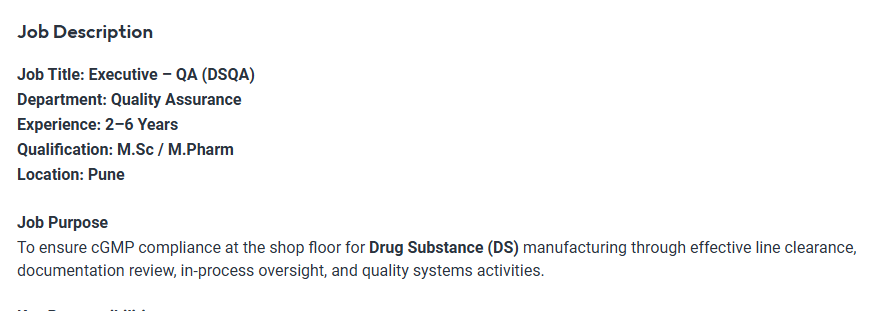 This opportunity is with a reputed pharmaceutical organization operating under ENZBIO. The company focuses on high-quality drug substance manufacturing with strict adherence to global regulatory standards.