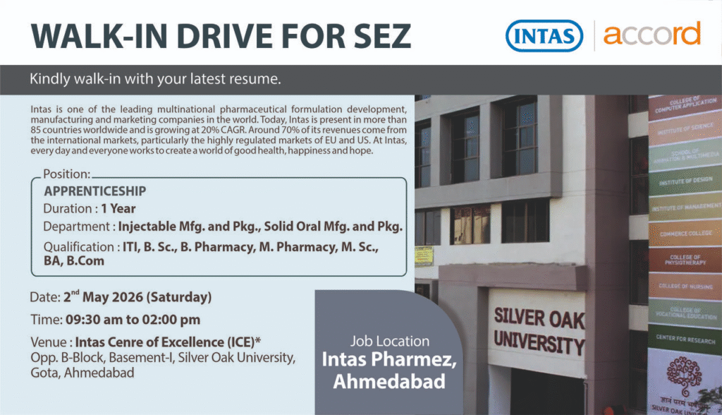 Intas Pharmaceuticals Walk-In Drive for Apprenticeship – Injectable & Solid Oral Manufacturing