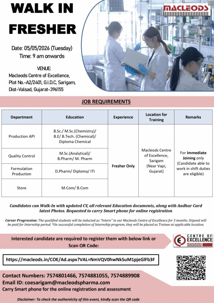 Macleods Pharmaceuticals Walk-In Interview for Freshers on 5th May 2026