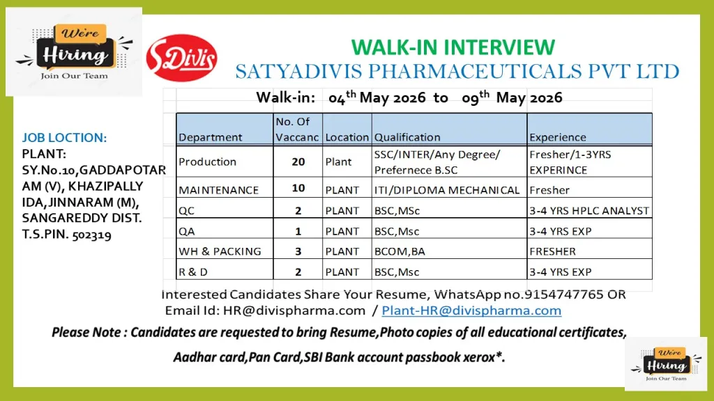 Satya Divis Pharmaceuticals Walk-In Interview 4th to 9th May 2026