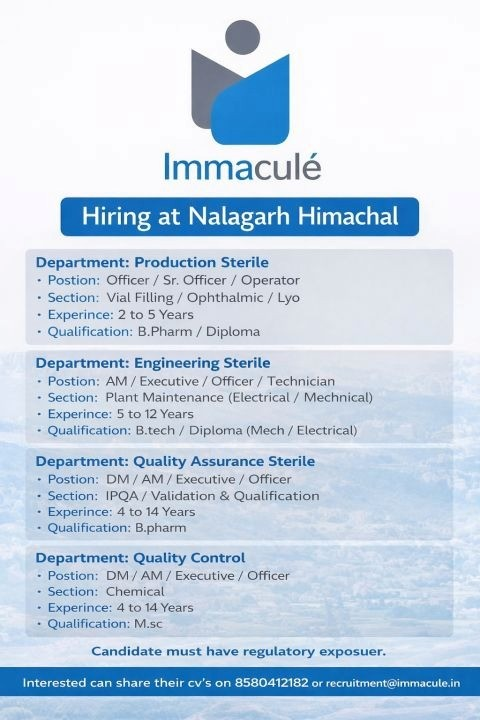 Immacule Lifesciences Hiring in Nalagarh, Himachal Pradesh