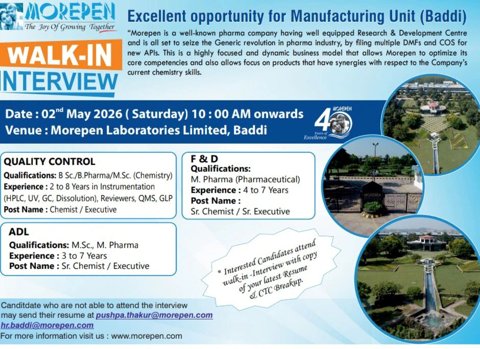 Morepen Laboratories Walk-In Interview on 2nd May 2026